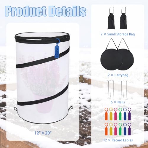 2 Pcs 12"×21" Pop Up Round Winter Frost Plant Cover,Foldable Non Woven Winter Plant Freeze Protection Tent with Ground Stakes & Label Cards,Mini Greenhouse Protector for Small Indoor&Outdoor Plants
