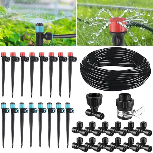Glooglitter 100ft Drip Irrigation Kits, Connect Automatic Irrigation System with 1/4 Inch Tubing and Tee 2 Way Connector, Sprinkler System for Yard Lawn Patio Greenhouse