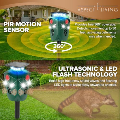 360° Ultrasonic Animal Repeller, Solar & USB, 3 PIR Sensors