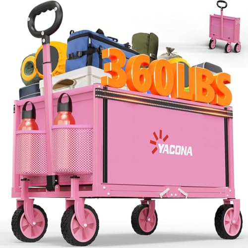 Yozoia 3 in 1 Wagons Carts Foldable,360LBS Beach Cart with Sturdy Wheels - color: Pink, size: 120L