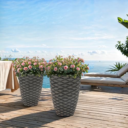 Autodaya 20" Tall Outdoor Planters Set of 2 Plant Pots, Black Wavy Texture - color: Weathered Black-20"h