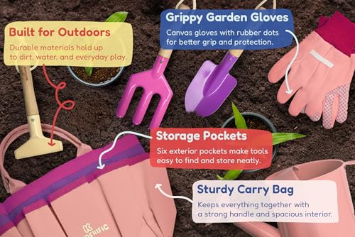 Kinderific Gardening Set, Tool Kit, for Kids, STEM, Includes Tote Bag, Spade, Watering Can, Rake, Fork, Trowel and Gloves (Princess Pink) - color: Princess Pink