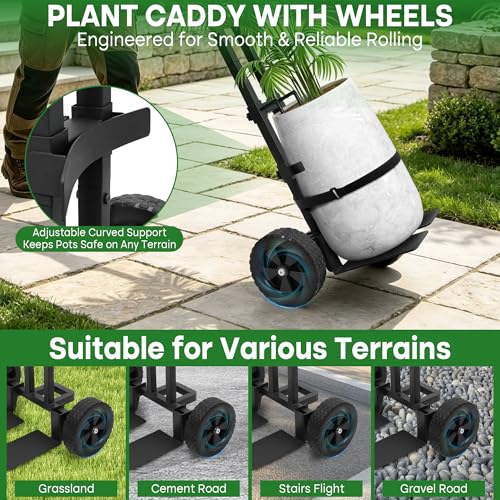 Plant Caddy with Wheels,Rolling Plant Dolly Pot Mover with Upgraded Adjustable Curved Support and Thickened Wide Support Plate,Disperses Pressure to Protect Plants, Black
