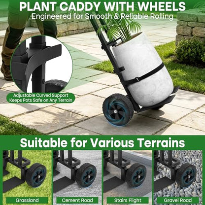 Plant Caddy with Wheels,Rolling Plant Dolly Pot Mover with Upgraded Adjustable Curved Support and Thickened Wide Support Plate,Disperses Pressure to Protect Plants, Black
