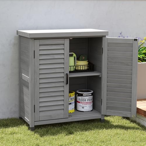 Wood Outdoor Storage Cabinet, Potting Benches for Outside, Potting Table with Storage Cabinet and Metal Table Top, Outdoor Workbench for Garden, Patio, Deck, Grey - color: Gray