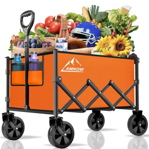 AMNOW 100L Collapsible Wagon Cart with All Terrain Wheels, 350LBS, Orange - color: Bright Orange