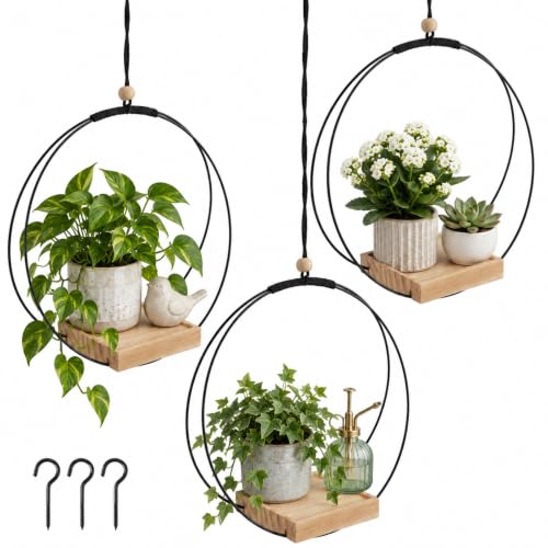 3 Packs 12 Inch Hanging Planters for Indoor Plants with Wood Base Plant Hanger Indoor Black Macrame Plant Hanger for 3 to 5.5 Inch Pot Hanging Planter for Window Wall Ceiling Home Decor