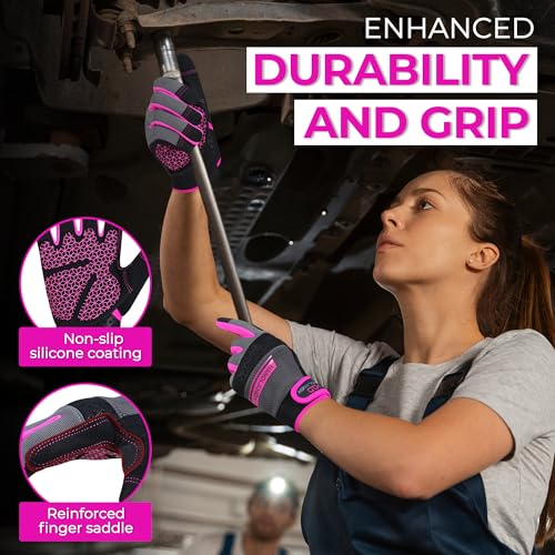 HANDLANDY Work Gloves for Women, Breathable Leather Gardening Glove for Yard Maintenance, Hand Protection with Touch Screen - color: Hot Pink, size: X-Small (Pack of 1)