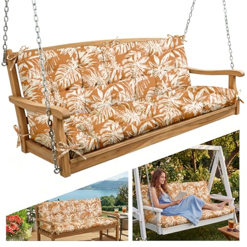 Oxford Fabric Swing Cushions with Backrest & Tie Straps for Patio Bench - color: Tan & White