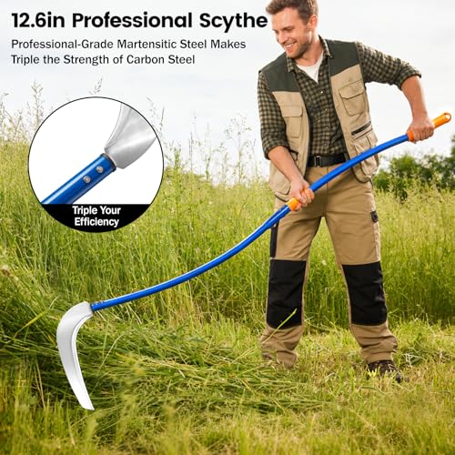 12.6'' Scythe Tool for Grass Cutting, Unique Curved Stainless Steel Pole, Adjustable Dual-hand Grip, Professional-Grade Blade, for Clearing Bushes, Vines, Fields, Ditches, Paths, Landscaping, 61in. - size: 12.6'' Scythe with 2 bending Poles
