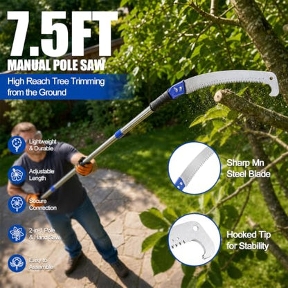 7.5-foot manual tall pruning saw, a 2-in-1 hand saw, lightweight and telescopic, equipped with sharp manganese steel blades and teeth, perfect for pruning palm trees, oak trees and garden branches. - size: 7.5FT