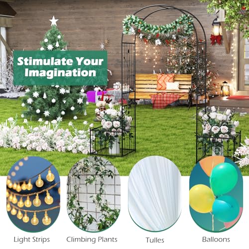 Giantex 86'' Metal Garden Arbor Arch Trellis with Planters, 8 Ground Stakes