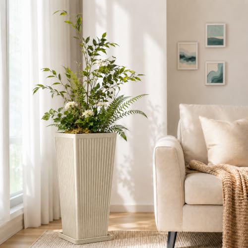 NicBex 24" Tall Planters for Outdoor Plants Set of 2 Square Fluted,Beige - color: Beige-sandblasting