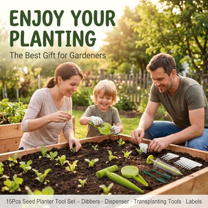 15Pcs Seed Planter Tool Set with 5-Hole Seed Dispenser, 6.9" Garden Dibber, Succulent Transplanting Tools & 10 Plant Labels for Sowing Seeds, Flowers & Vegetables
