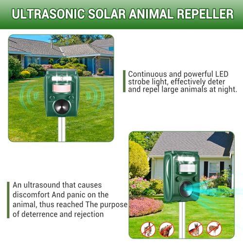 Solar Ultrasonic Animal Repellent Outdoor,Motion Detection & LED Flashing Strobes,Deer Repellent Devices Squirrel Cat Skunk Rabbit Raccoon Deterrent,Keep Critter Coyote Away Yard, Farm, Garden(Green)