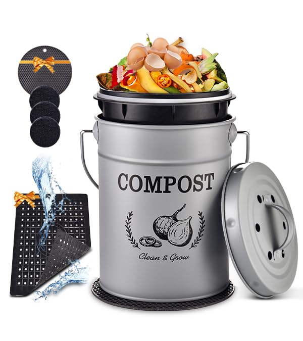 AOSION 1 Gallon Countertop Compost Bin for Kitchen with Lid,Odor Resistant - color: Grey(Non-Slip Mat & Drainage Mat)