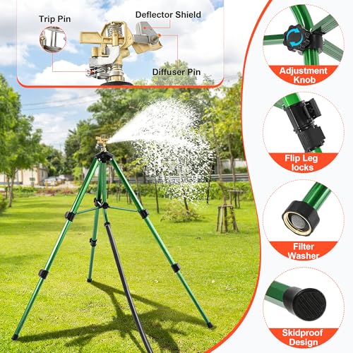 Impact Sprinkler Head on Telescoping Tripod Base with 2 Sprinkler Extensions, Heavy Duty Lawn Sprinklers, 360 Degree Large Area Irrigation, Solid Metal Extension Legs & Bottom Spikes - style: Impact Sprinkler Head