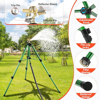 Impact Sprinkler Head on Telescoping Tripod Base with 2 Sprinkler Extensions, Heavy Duty Lawn Sprinklers, 360 Degree Large Area Irrigation, Solid Metal Extension Legs & Bottom Spikes - style: Impact Sprinkler Head