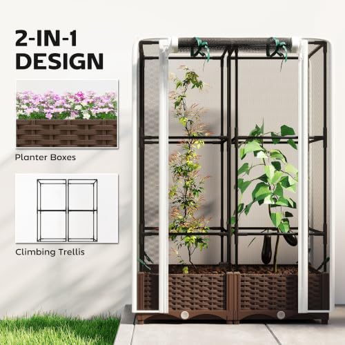 Outsunny Raised Garden Bed with Trellis 46.5" Tomato Cage Crop Cage White