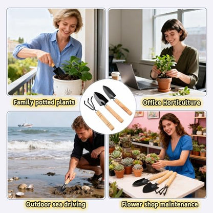 3-Piece Mini Garden Tool Set, Indoor Plant Care Kit with Wood Handle, Black Iron Tools for Potting, Transplanting and Cultivating, Compact Succulent and Houseplant Tools,Small Shovel, Trowel, Rake