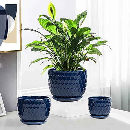 Ceramic Flower Pots with Drainage Hole and Saucer, North European Style Round Indoor Succulent Planters with Honeycomb Inspired Texture Design, Small to Medium-Sized, Set of 3, Navy Blue - size: 6.4"+5.2"+3.7" - Set of 3, style: Modern