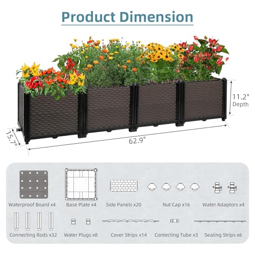 Large Raised Planter Box Outdoor Self Watering 62.9"x15.7"x14.2" , Deep Raised Garden Bed - Elevated Garden Box with Drainage Plug, Rectangular Garden Planter Perfect for Patio Balcony Deck - size: L 63"xW 16"xH 14"