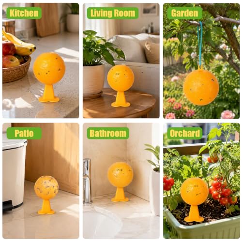 Sticky Fruit Fly Traps Indoor Outdoor, 6pc Yellow Hanging Ball Bug Catcher - color: Yellow with base