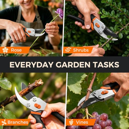 8.5" Bypass Pruning Shears, Jam-Proof Spring Clippers for branches - color: Sunset Orange
