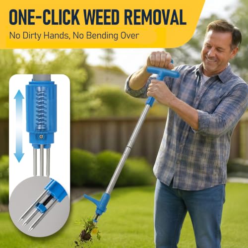 PASAMIC Stand Up Weed Puller Tool, Root-Out Manual Weeder, 3-Claw Steel