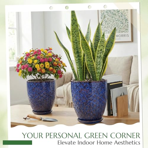 9.5 Inch Flower Pots for Indoor Plants,Ceramic Planter with Saucer Drainage Leak-Proof Mesh Gardening Gloves (Peacock-Blue) - color: Peacock-blue, size: 9.5 Inch