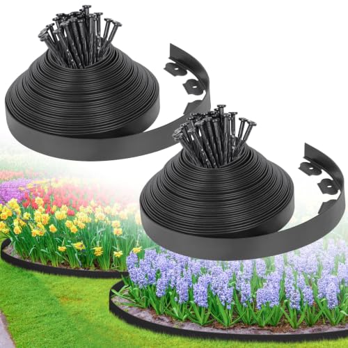2-Inch x 100 FT Landscape Edging Border with 150 Stakes, Plastic Edging for Landscaping Garden Edging Border, Flexible Landscaping Edging for Garden Flower Beds Yard Lawn Pathway Paver (Black) - color: Black, size: 2 In x 100 FT