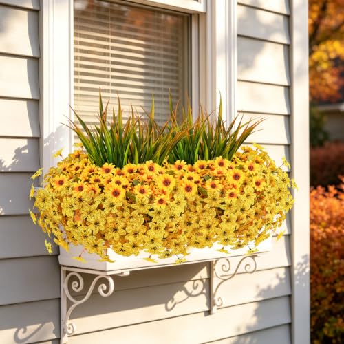 18PCS Artificial Fall Flowers Outdoors, UV Resistant Fake Mums with Grass - color: Yellow Daisies & Violets & Grass