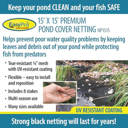 EasyPro NP1515 Premium 3/4-Inch Pond Cover Netting, 15' x 15' with 8 Stakes - size: 15' x 15' with 8 stakes, style: Standard 3/4" Mesh