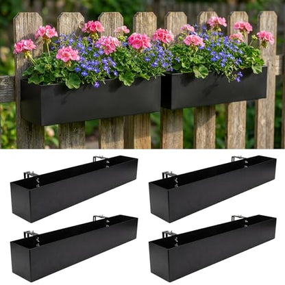 LaLaGreen Railing Planter Box (30 Inch, 4 Pack) Large Black Metal Rectangular Hanging Flower Boxes with Brackets, Planters for Outdoor Deck Railings Fence Balcony Patio Porch Over Rail Garden Decor - size: 30" x 4 Pack