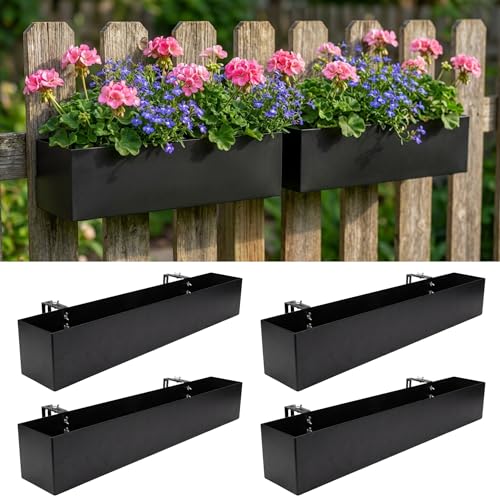 LaLaGreen Railing Planter Box (30 Inch, 4 Pack) Large Black Metal Rectangular Hanging Flower Boxes with Brackets, Planters for Outdoor Deck Railings Fence Balcony Patio Porch Over Rail Garden Decor - size: 30" x 4 Pack