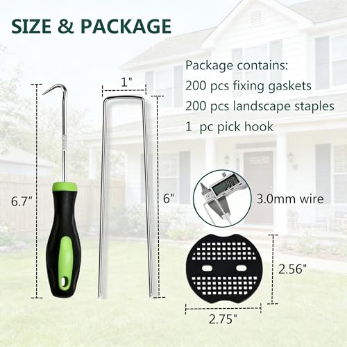 6 Inch 200 PCS Galvanized Landscape Staples with 200 PCS Gasket, Landscape Fabric Pins Stakes Lawn Ground Cover Graden Staples Spikes Weed Barrier Stakes - size: 6" 200 Pack