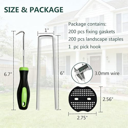 6 Inch 200 PCS Galvanized Landscape Staples with 200 PCS Gasket, Landscape Fabric Pins Stakes Lawn Ground Cover Graden Staples Spikes Weed Barrier Stakes - size: 6" 200 Pack