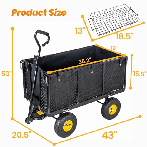 4-in-1 Steel Dump Garden Cart, 880lbs Oversized Pullable Mesh Metal Cart, All-Terrain Utility Cart with Removable Liner, Side Panels & Mesh Tray, Black for Outdoor Lawn Patio Landscaping