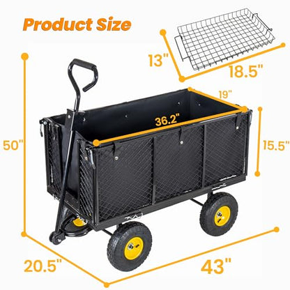 4-in-1 Steel Dump Garden Cart, 880lbs Oversized Pullable Mesh Metal Cart, All-Terrain Utility Cart with Removable Liner, Side Panels & Mesh Tray, Black for Outdoor Lawn Patio Landscaping