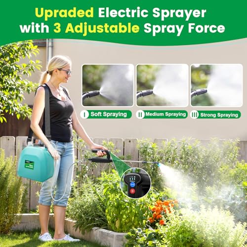 Battery Powered Sprayer 2 Gallon, 2026 Upgrade Electric Sprayer with 3 Adjustable Speed, Battery Indicator, 4 Mist Nozzles, Rechargeable Retractable Wand with Adjustable Shoulder Strap for Lawn Garden - color: Green