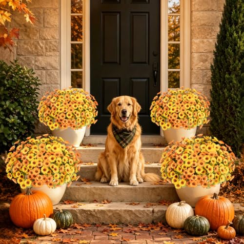 12 PCS Artificial Mums for Outdoors, UV Resistant Fake Fall Flowers - color: Yellow + Orange