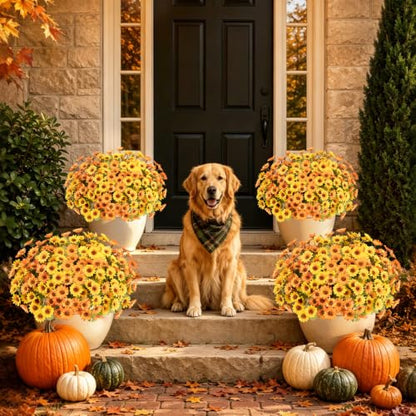 12 PCS Artificial Mums for Outdoors, UV Resistant Fake Fall Flowers - color: Yellow + Orange