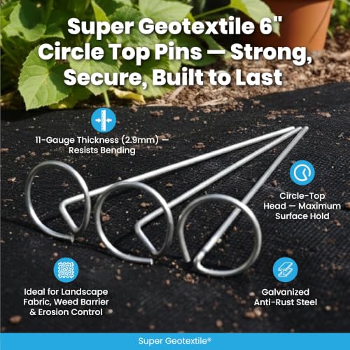Super Geotextile Round Top Landscape Pins – 11 Gauge Heavy Duty 6 Inch Galvanized Steel Stakes for Landscape Fabric and Weed Barrier, 100 Pack - size: 100 Pcs x 6" - 11 Ga