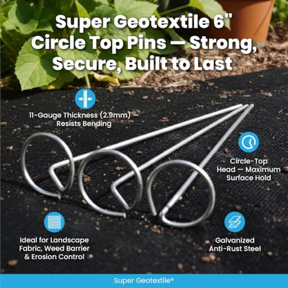 Super Geotextile Round Top Landscape Pins – 11 Gauge Heavy Duty 6 Inch Galvanized Steel Stakes for Landscape Fabric and Weed Barrier, 100 Pack - size: 100 Pcs x 6" - 11 Ga