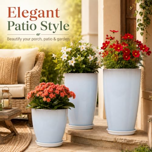 Neoaider Set of 3 Tall Planter, 24/21/12in Large Plastic Planter, WhiteJade - color: White Jade