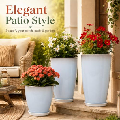 Neoaider Set of 3 Tall Planter, 24/21/12in Large Plastic Planter, WhiteJade - color: White Jade