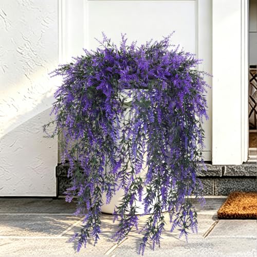 RECUTMS 4Pcs Artificial Purple Hanging Lavender Fake Plants for Outdoors - color: Purple