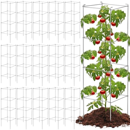 Hicarer 24 Pack Square Tomato Cage Heavy Duty Tomato Cages for Garden Vegetable Plant Trellis Stakes Plant Support Stake Tower for Climbing Vegetables Plants Flowers Fruit (11.5 x 46 Inches,Silver) - color: Silver, size: 11.5 x 46 Inches