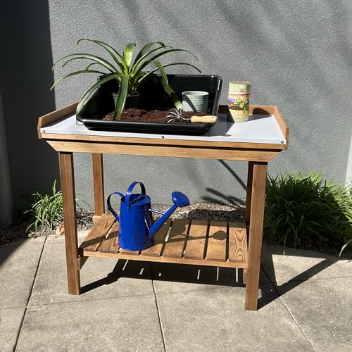 Gardeners Table with Tin Surface – Outdoor Potting Table with Metal Top, Gardening Workstation for Planting, Potting & Yard Tasks