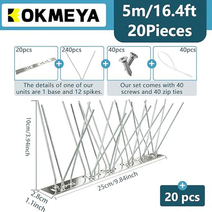 Bird Spikes 16.4FT, 304 Stainless Steel Bird Deterrents Spikes for Outside to Keep Birds Away Bird Scare Devices Outdoor 20Pcs - size: 16.4Feet